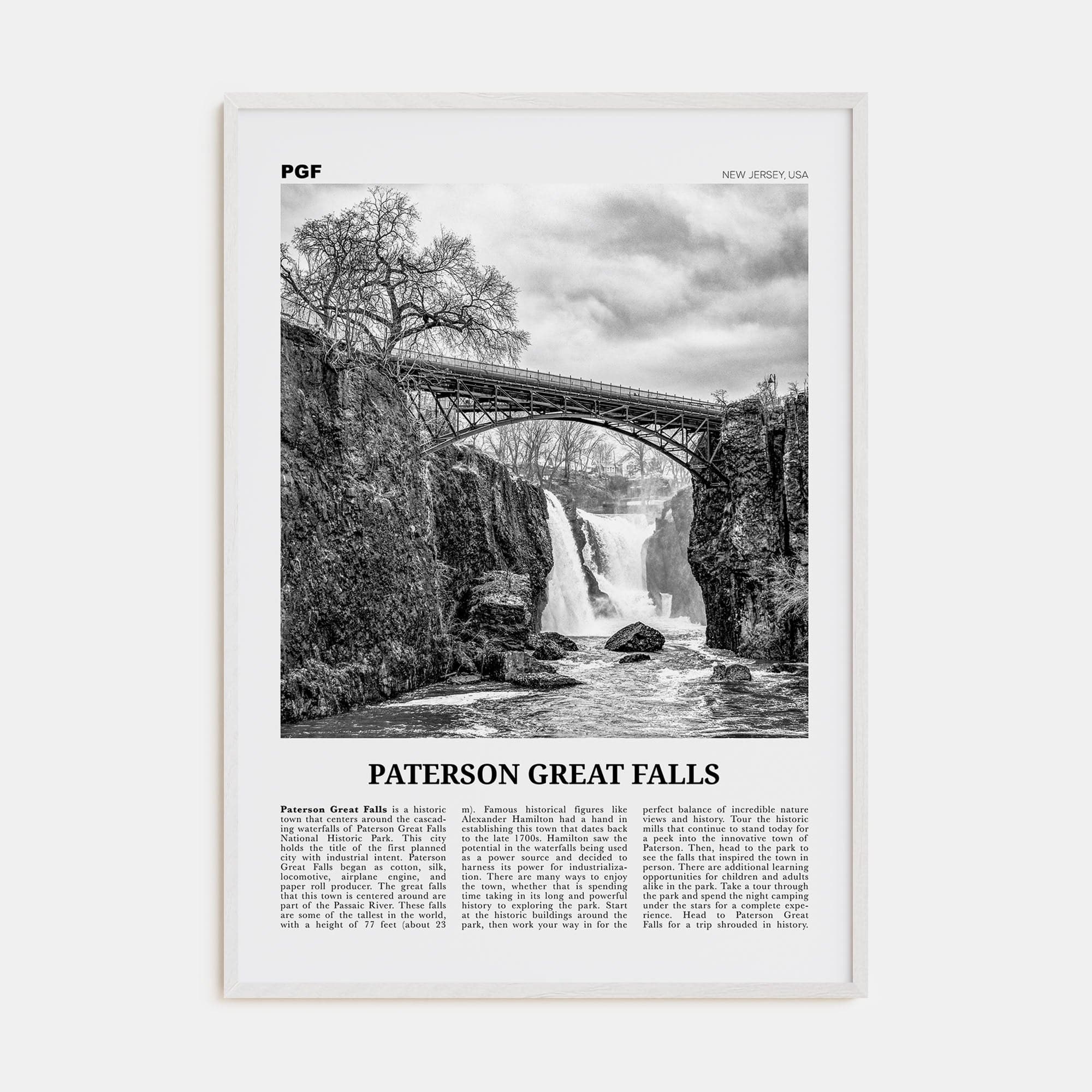 Paterson Great Falls Poster White Wood / 8x12 in Nbourhood Travel B&W Poster