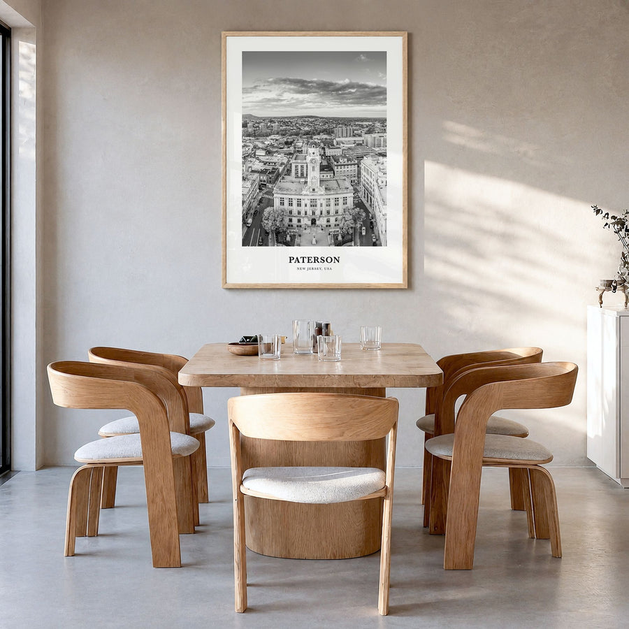 Paterson Classic Poster in a natural wood frame, hanging in a dining room