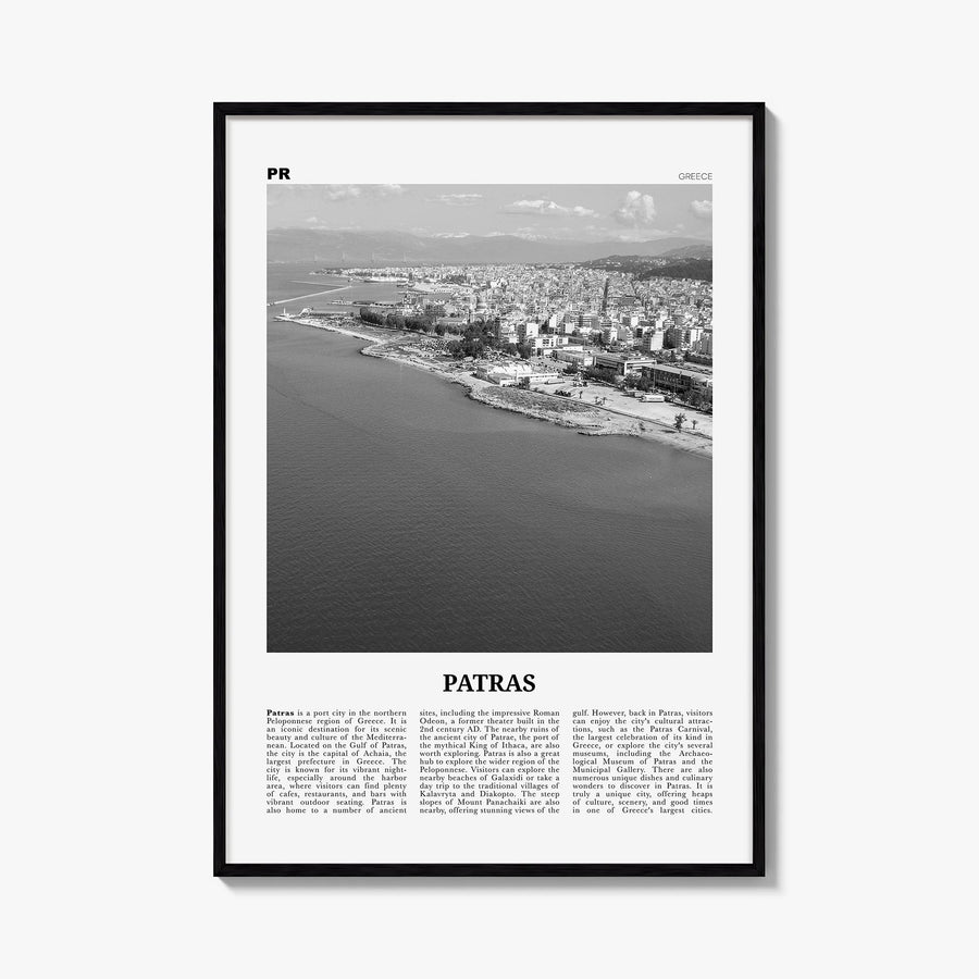 Patras black & white newspaper poster of Greece – vertical wall art, unframed print shown in interior mockup
