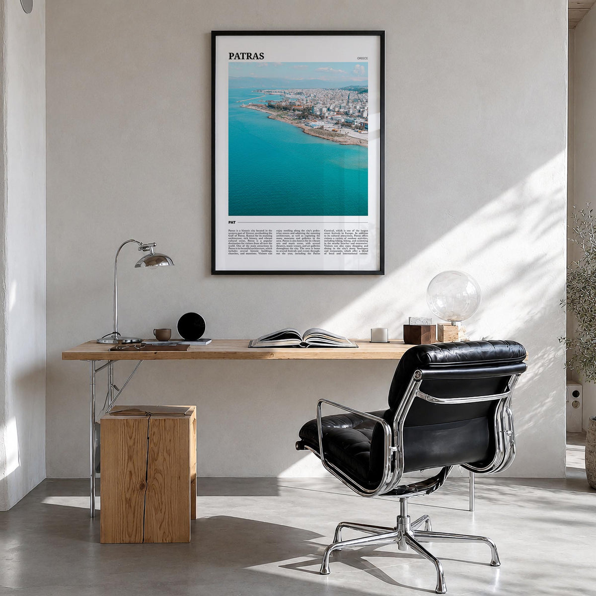 Patras colorful travel poster of Greece – vertical wall art in black wood frame, hanging on wall
