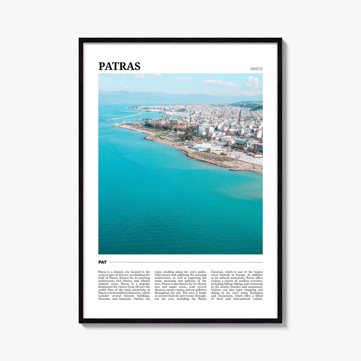 Patras colorful travel poster of Greece – vertical wall art, unframed print shown in interior mockup