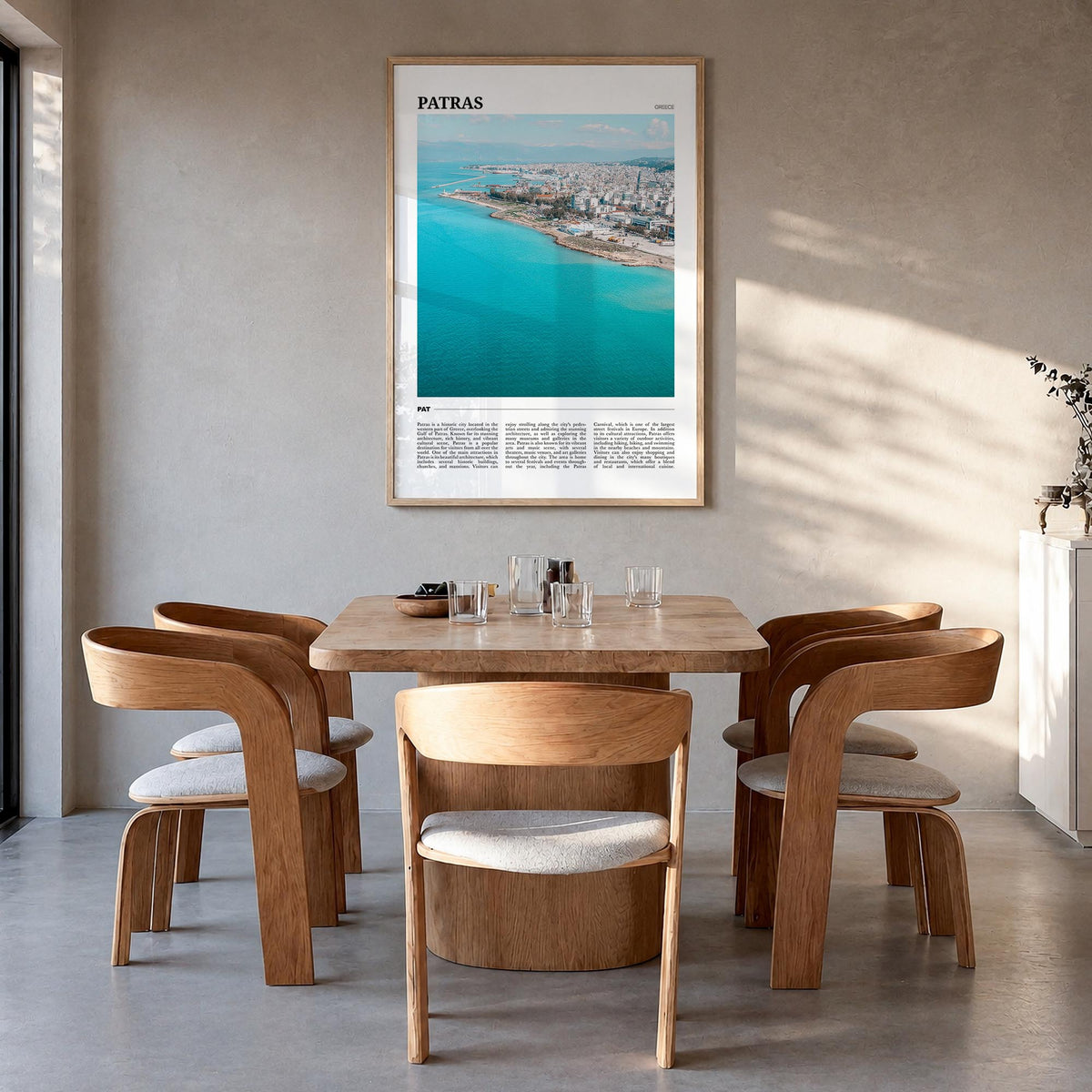 Patras colorful travel poster of Greece – vertical wall art in natural wood frame, hanging on wall