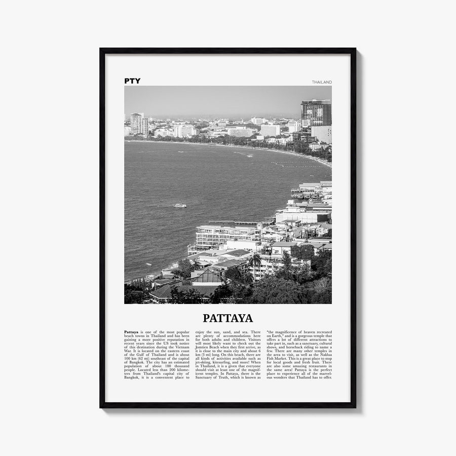 Pattaya black & white newspaper poster of Thailand – vertical wall art, unframed print shown in interior mockup