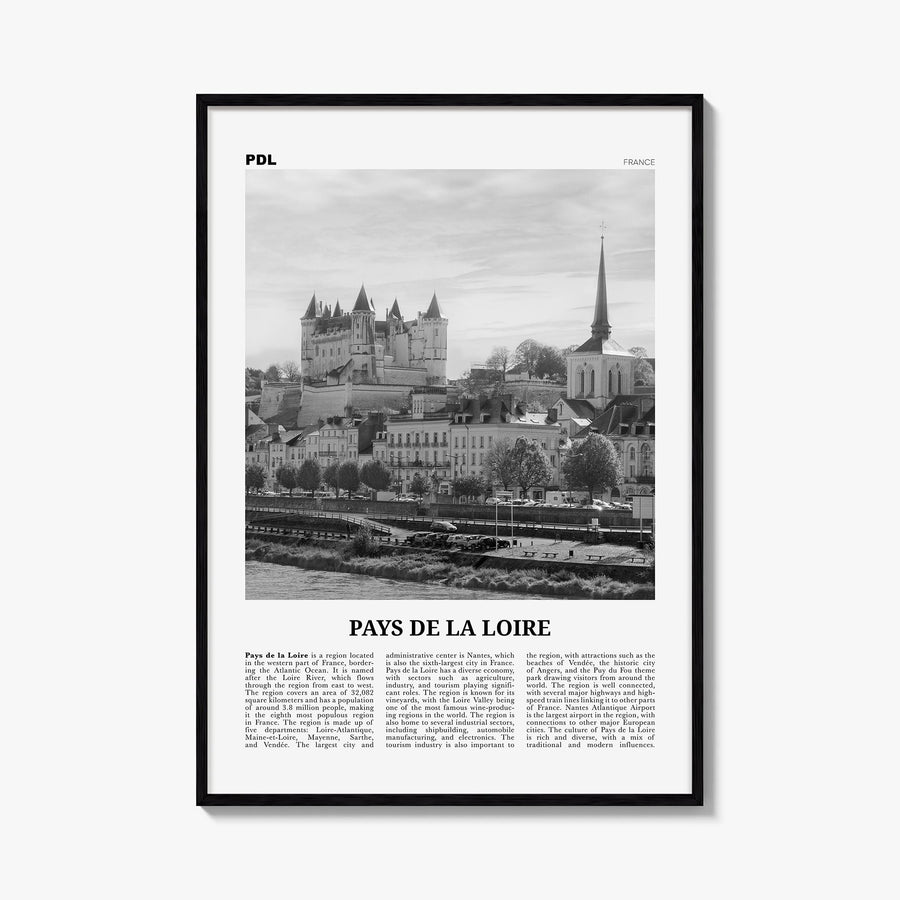 Pays de la Loire black & white newspaper poster of France – vertical wall art, unframed print shown in interior mockup