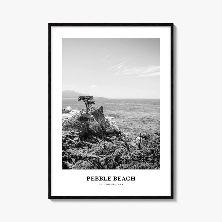 Pebble Beach black & white classic poster of California, USA – vertical wall art, unframed print shown in interior mockup