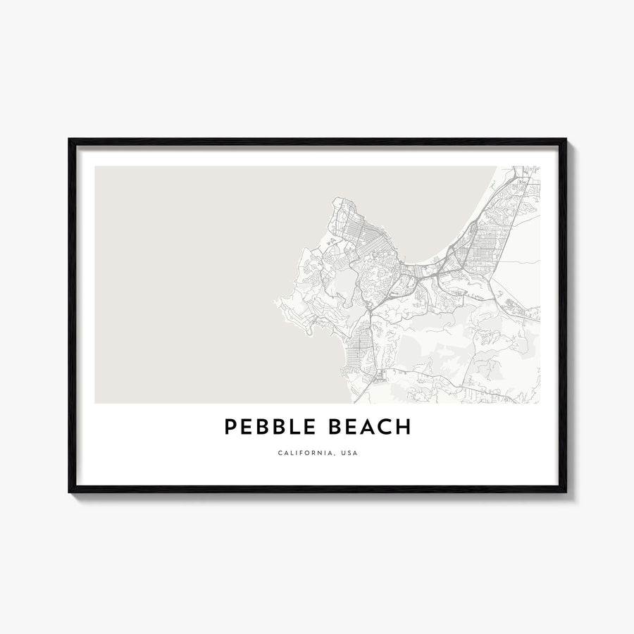Pebble Beach black & white map poster of California, USA – horizontal wall art, unframed print shown in interior mockup