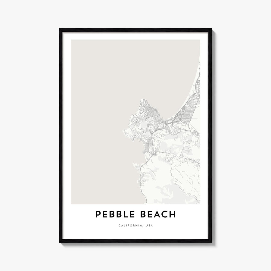 Pebble Beach black & white map poster of California, USA – vertical wall art, unframed print shown in interior mockup