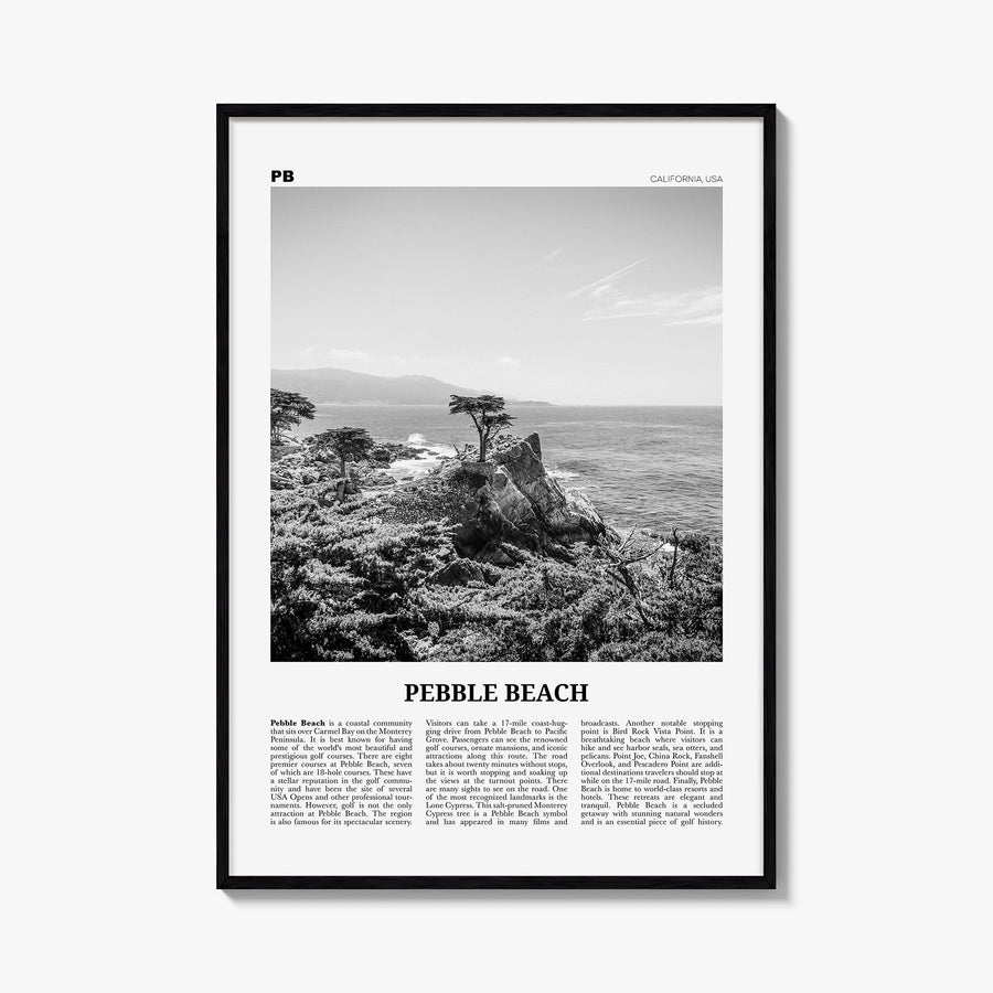 Pebble Beach black & white newspaper poster of California, USA – vertical wall art, unframed print shown in interior mockup