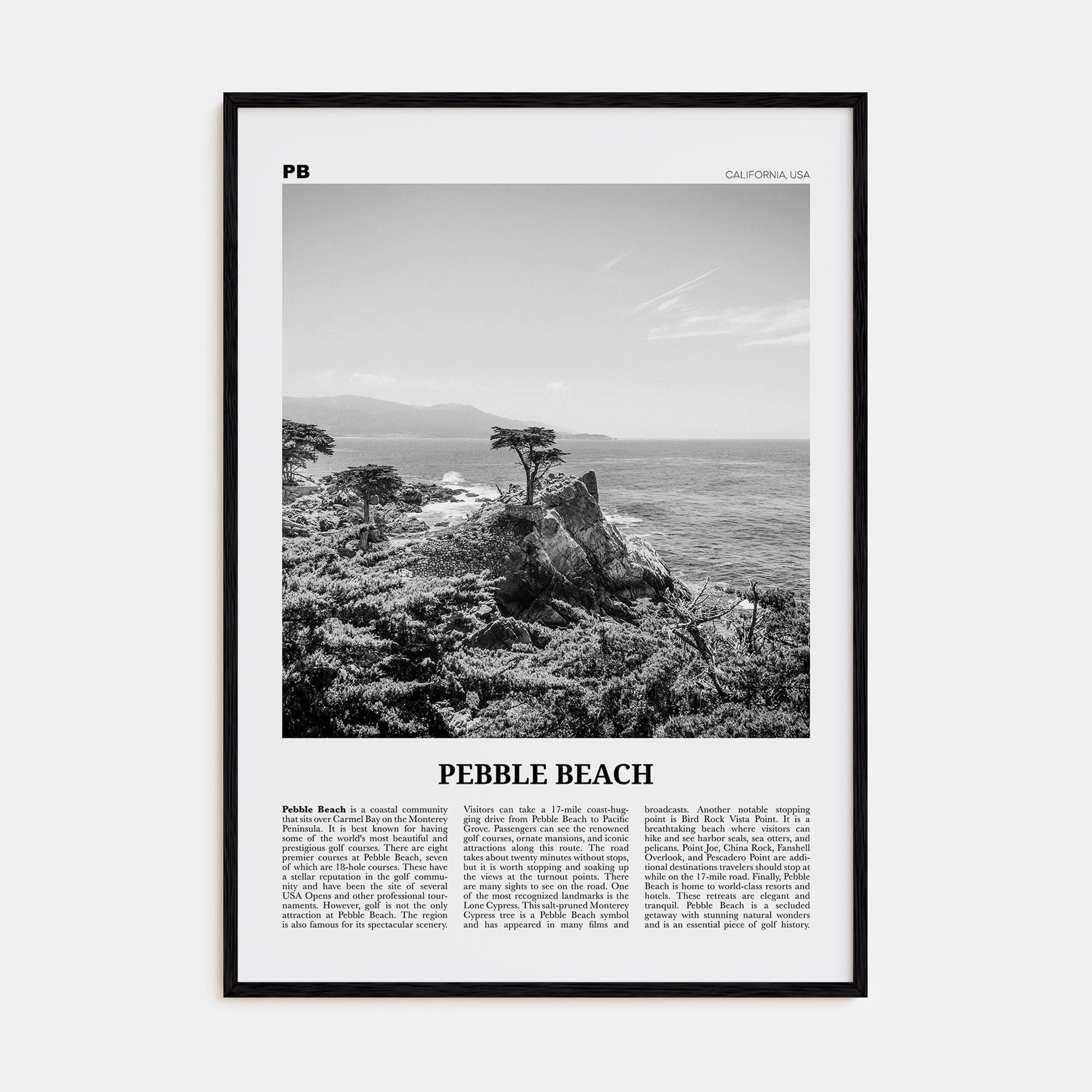 Pebble Beach Poster Black Wood / 8x12 in Nbourhood Travel B&W Poster