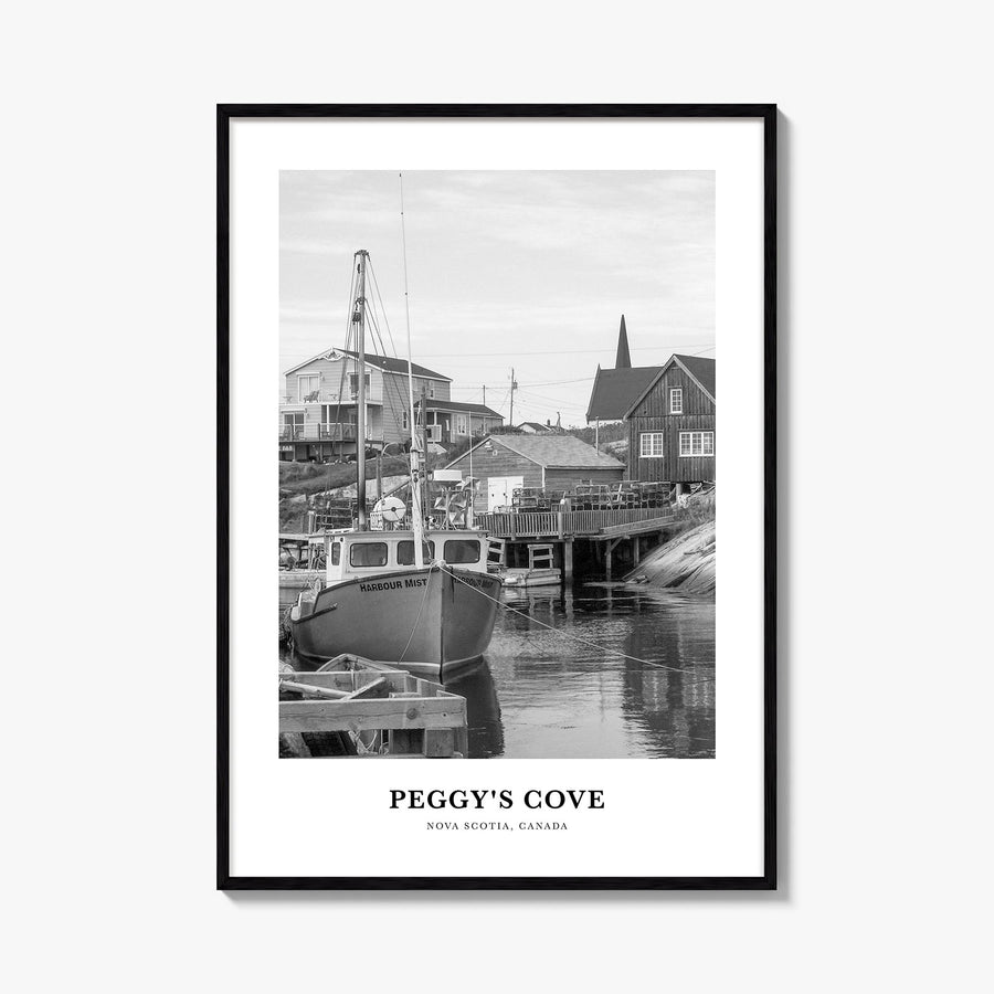 Peggy's Cove black & white classic poster of Canada – vertical wall art, unframed print shown in interior mockup