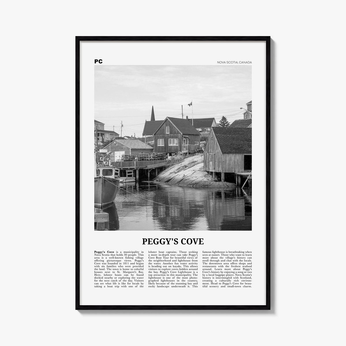 Peggy's Cove black & white newspaper poster of Canada – vertical wall art, unframed print shown in interior mockup