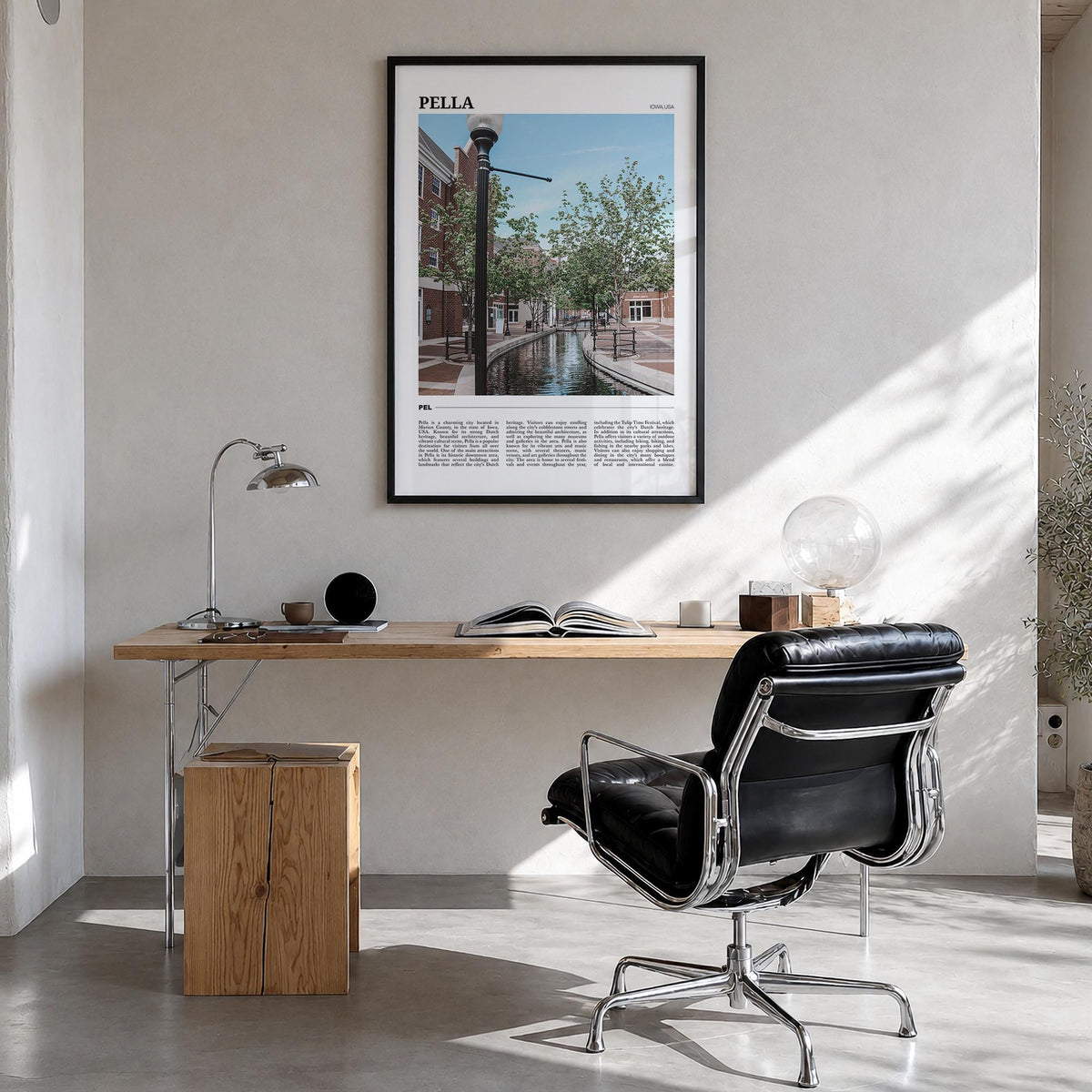Pella, Iowa colorful travel poster of Iowa, USA – vertical wall art in black wood frame, hanging on wall