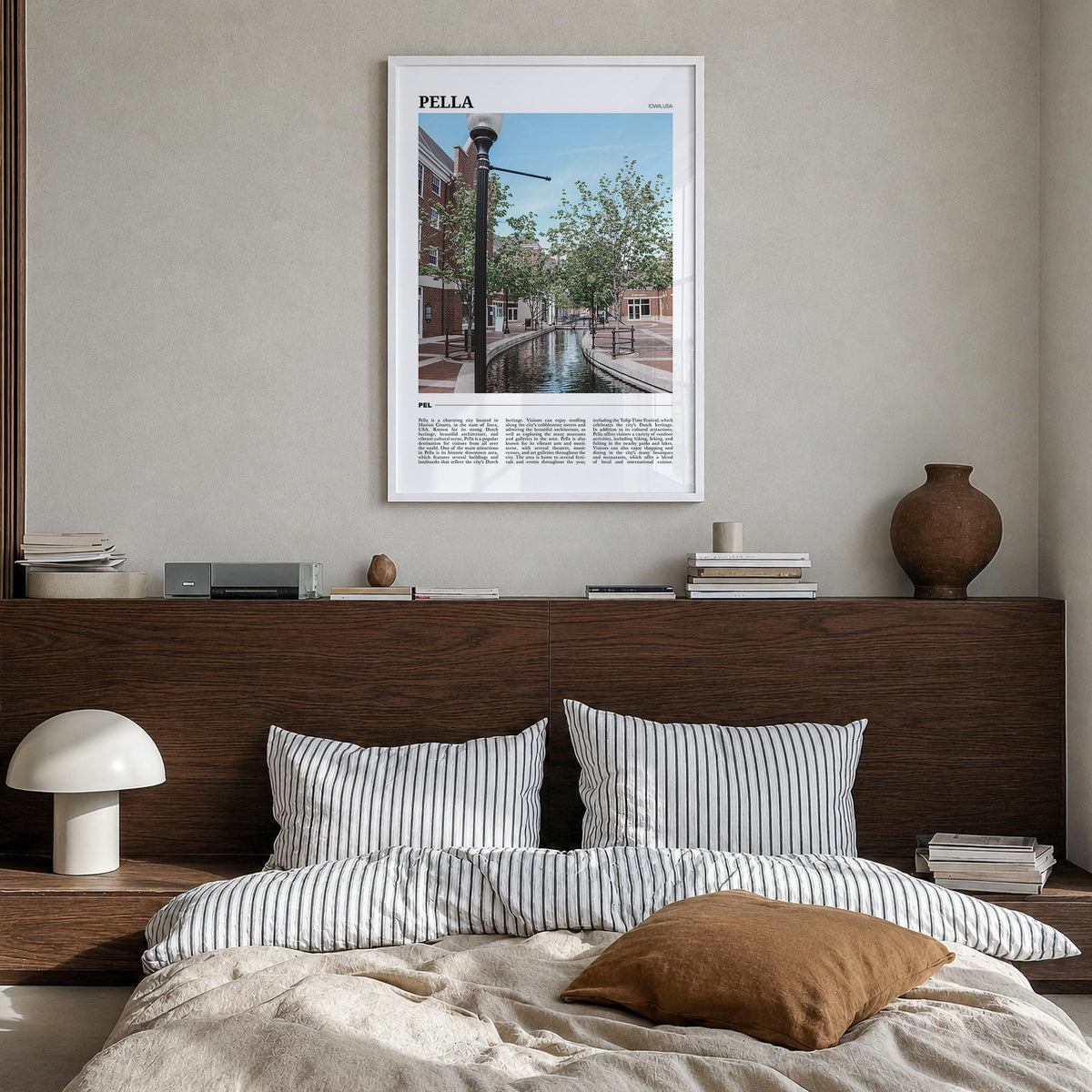 Pella, Iowa colorful travel poster of Iowa, USA – vertical wall art in white wood frame, hanging on wall