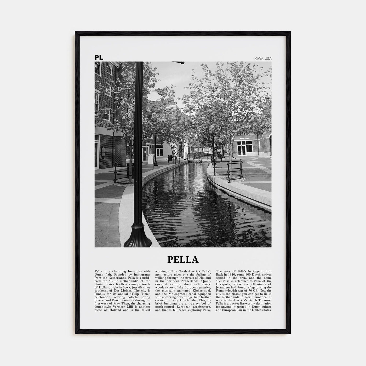 Pella, Iowa Poster Black Wood / 8x12 in Nbourhood Travel B&W Poster