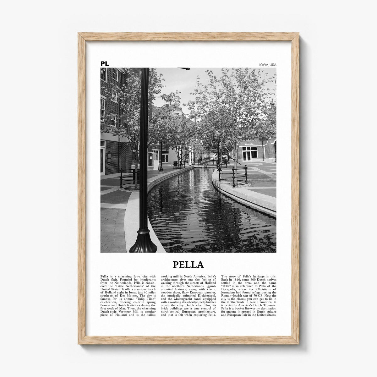 Pella, Iowa Newspaper Poster in a natural wood frame