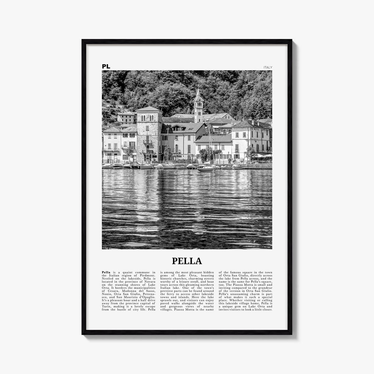 Pella, Italy black & white newspaper poster of Italy – vertical wall art, unframed print shown in interior mockup