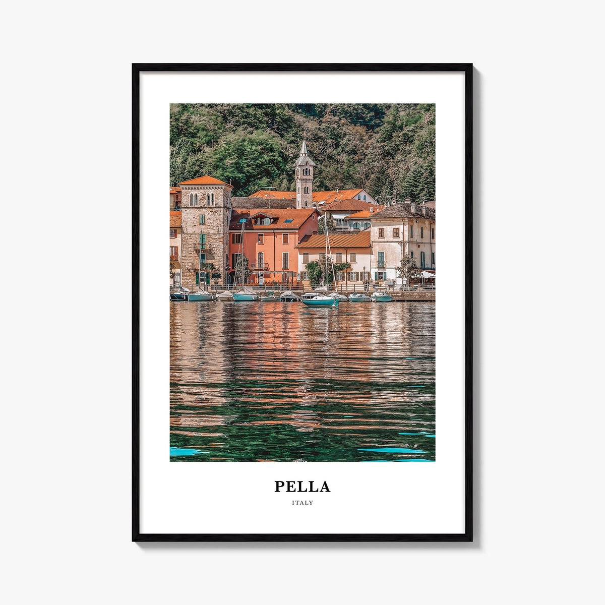 Pella, Italy no. 1 colorful classic poster of Italy – vertical wall art, unframed print shown in interior mockup