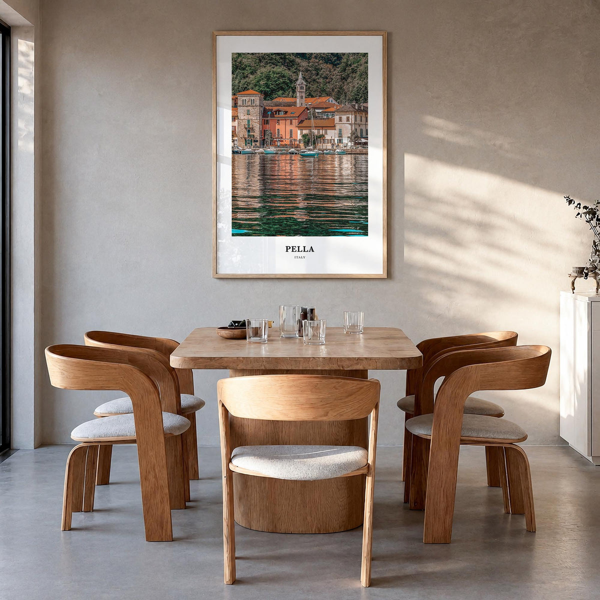 Pella, Italy no. 1 colorful classic poster of Italy – vertical wall art in natural wood frame, hanging on wall