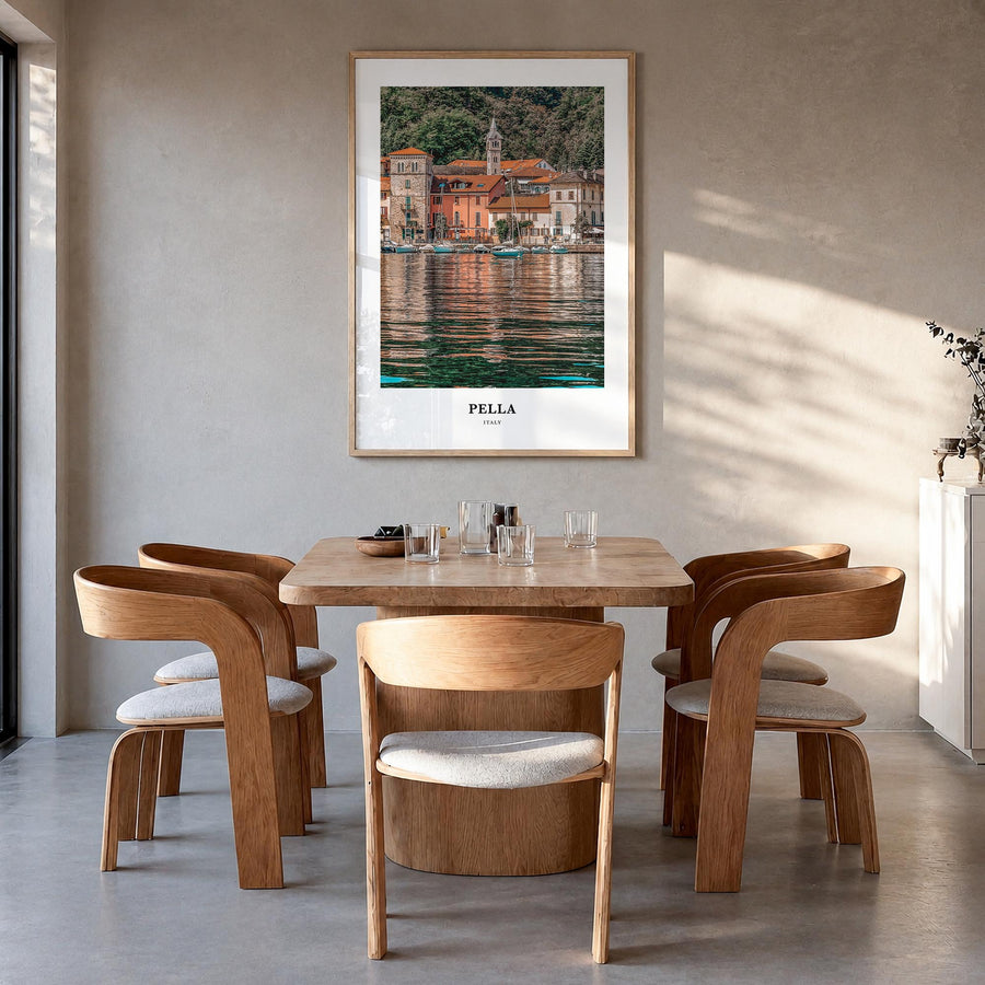 Pella, Italy no. 1 colorful classic poster of Italy – vertical wall art in natural wood frame, hanging on wall