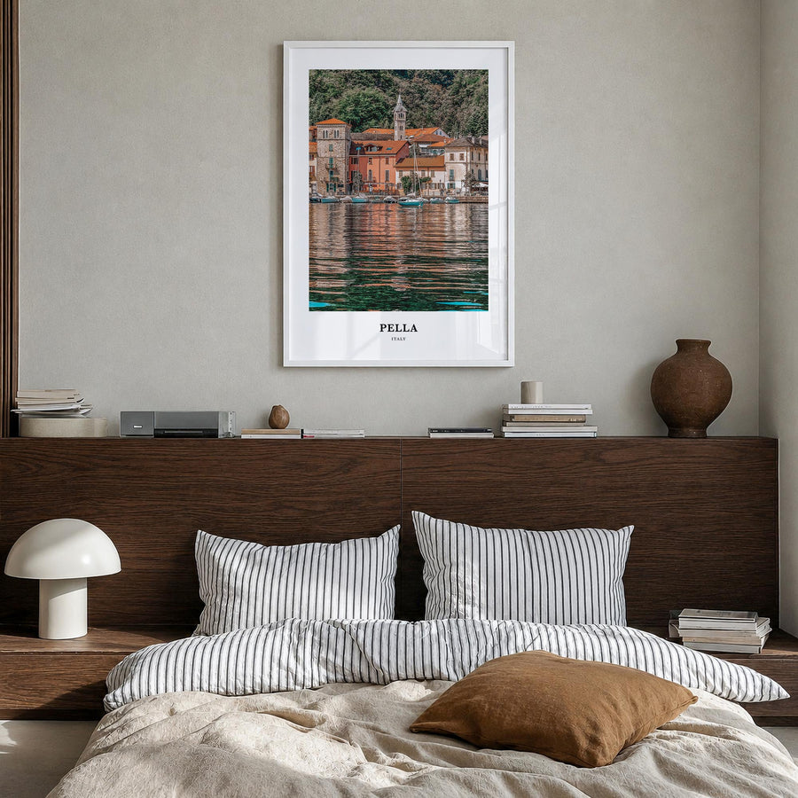 Pella, Italy no. 1 colorful classic poster of Italy – vertical wall art in white wood frame, hanging on wall