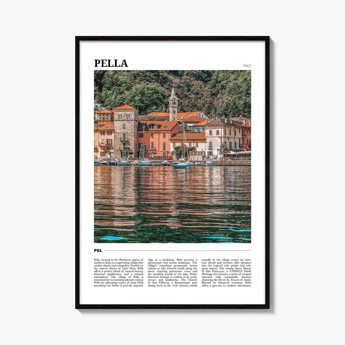 Pella, Italy no. 1 colorful travel poster of Italy – vertical wall art, unframed print shown in interior mockup