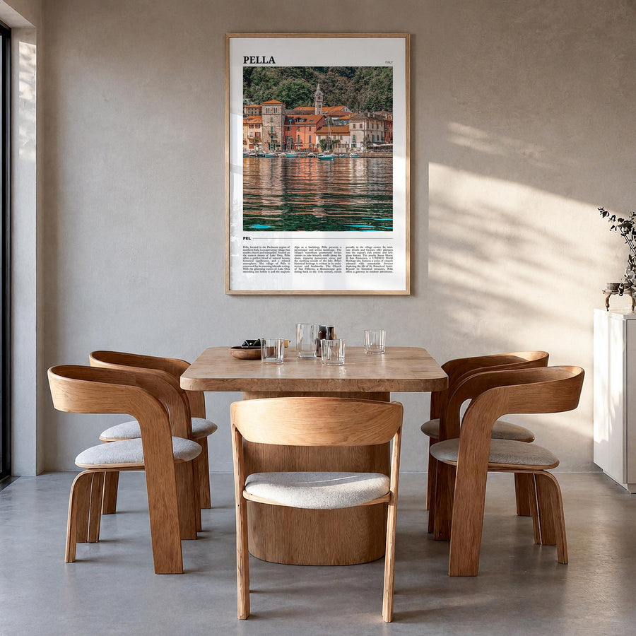 Pella, Italy no. 1 colorful travel poster of Italy – vertical wall art in natural wood frame, hanging on wall