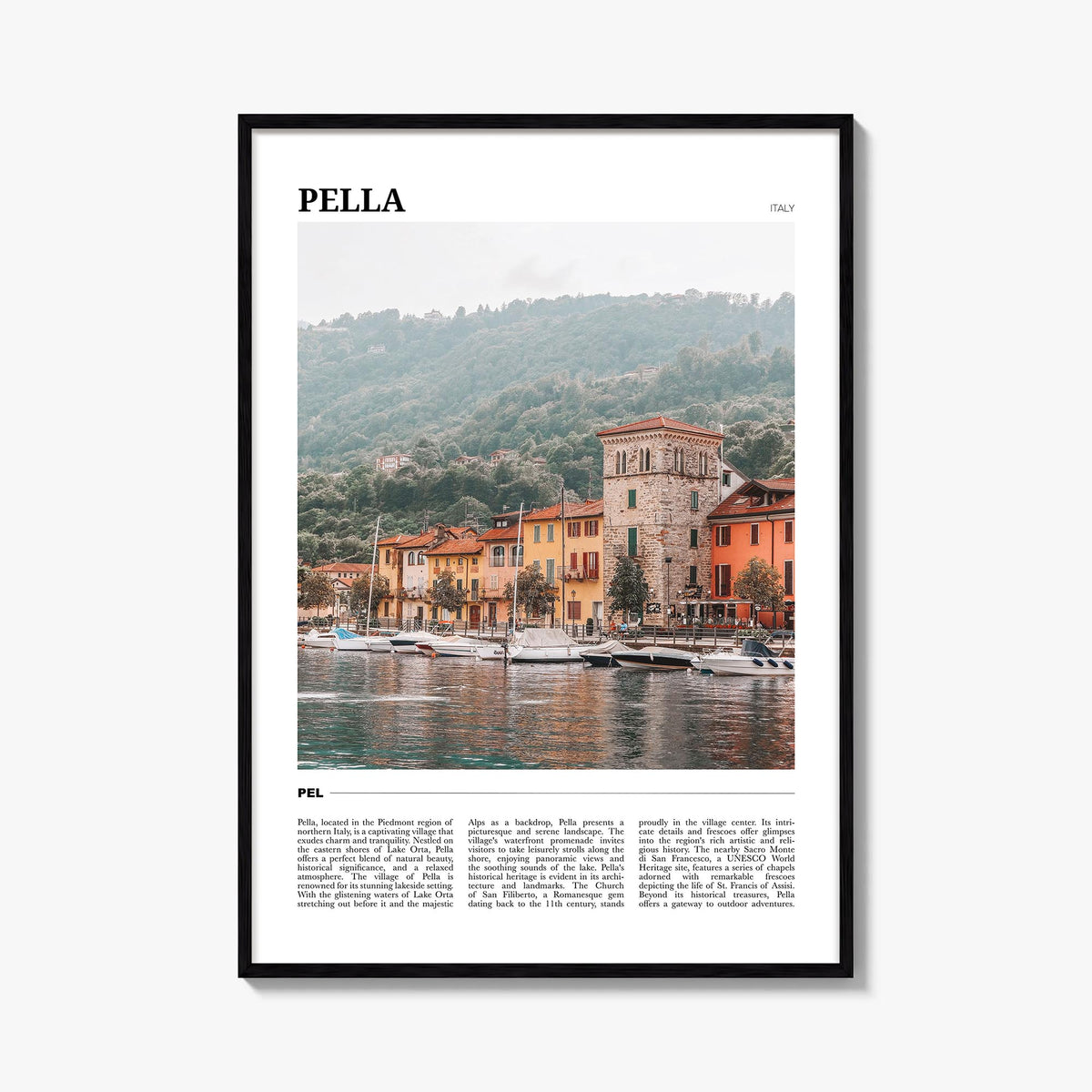 Pella, Italy no. 2 colorful travel poster of Italy – vertical wall art, unframed print shown in interior mockup