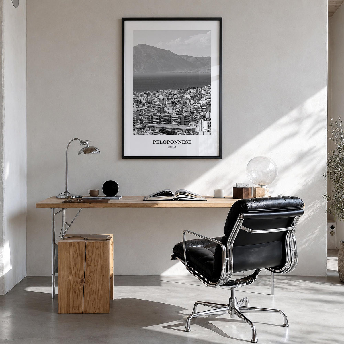 Peloponnese black & white classic poster of Greece – vertical wall art in black wood frame, hanging on wall