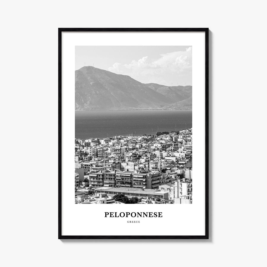 Peloponnese black & white classic poster of Greece – vertical wall art, unframed print shown in interior mockup