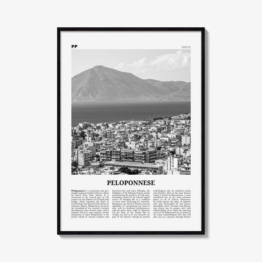 Peloponnese black & white newspaper poster of Greece – vertical wall art, unframed print shown in interior mockup