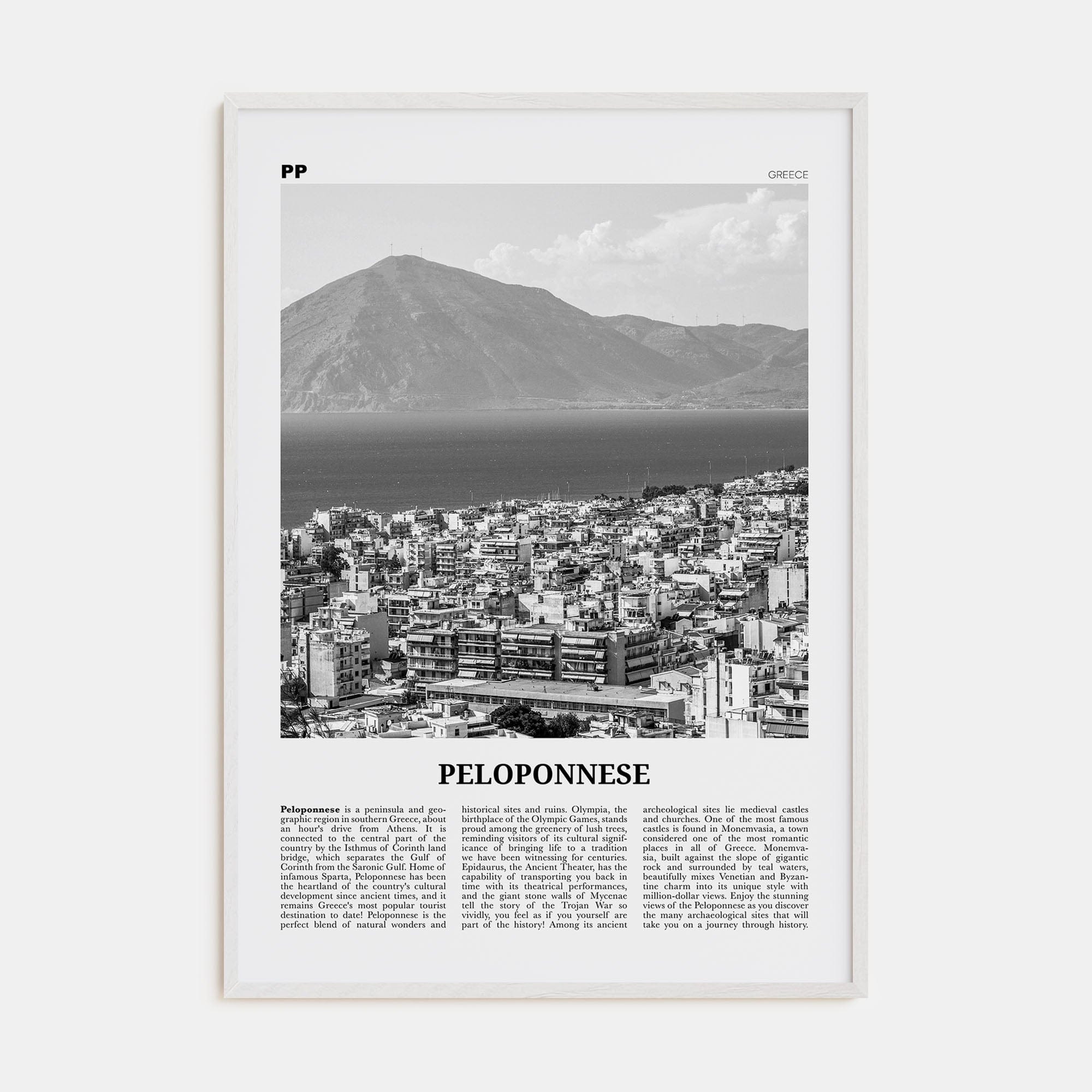 Peloponnese Poster White Wood / 8x12 in Nbourhood Travel B&W Poster