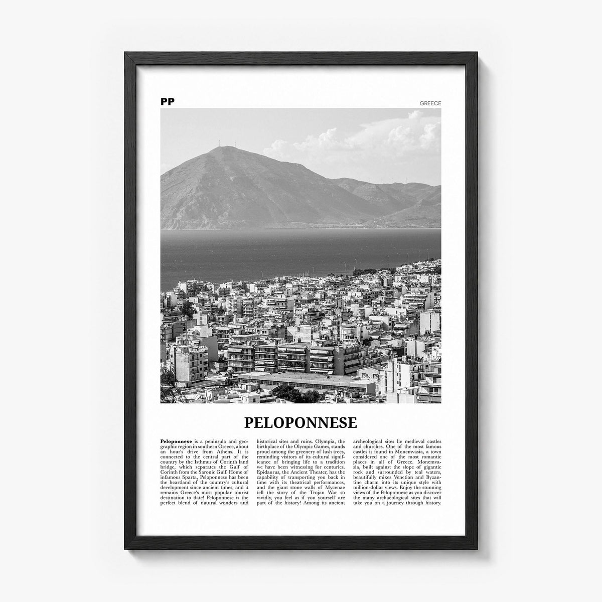 Peloponnese Newspaper Poster in a black wood frame