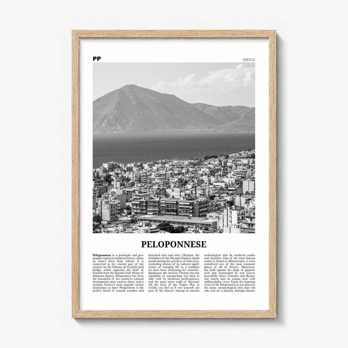 Peloponnese Newspaper Poster in a natural wood frame