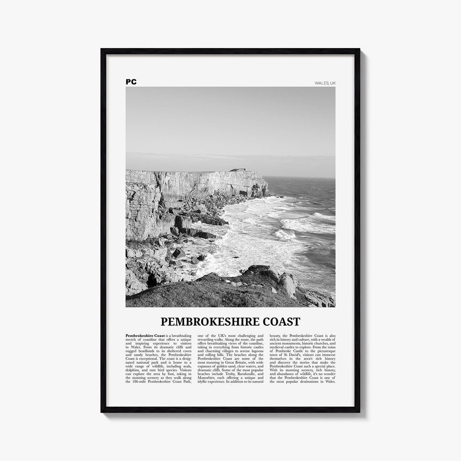 Pembrokeshire Coast black & white newspaper poster of United Kingdom – vertical wall art, unframed print shown in interior mo