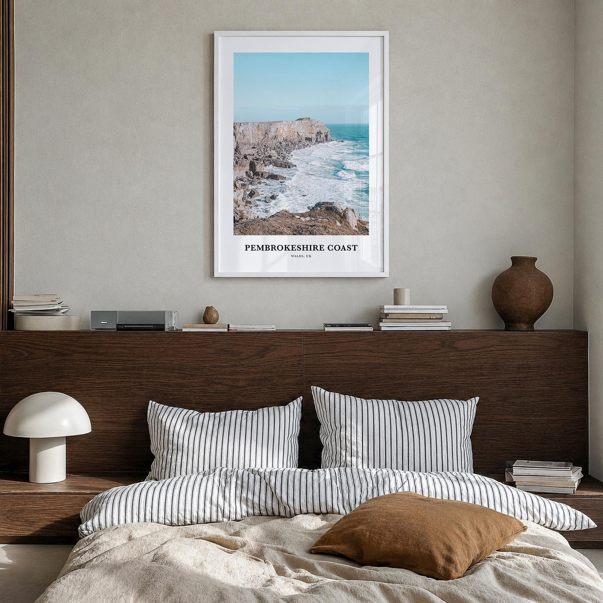 Pembrokeshire Coast colorful classic poster of United Kingdom – vertical wall art in white wood frame, hanging on wall
