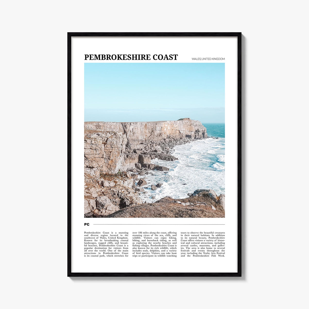 Pembrokeshire Coast colorful travel poster of United Kingdom – vertical wall art, unframed print shown in interior mockup