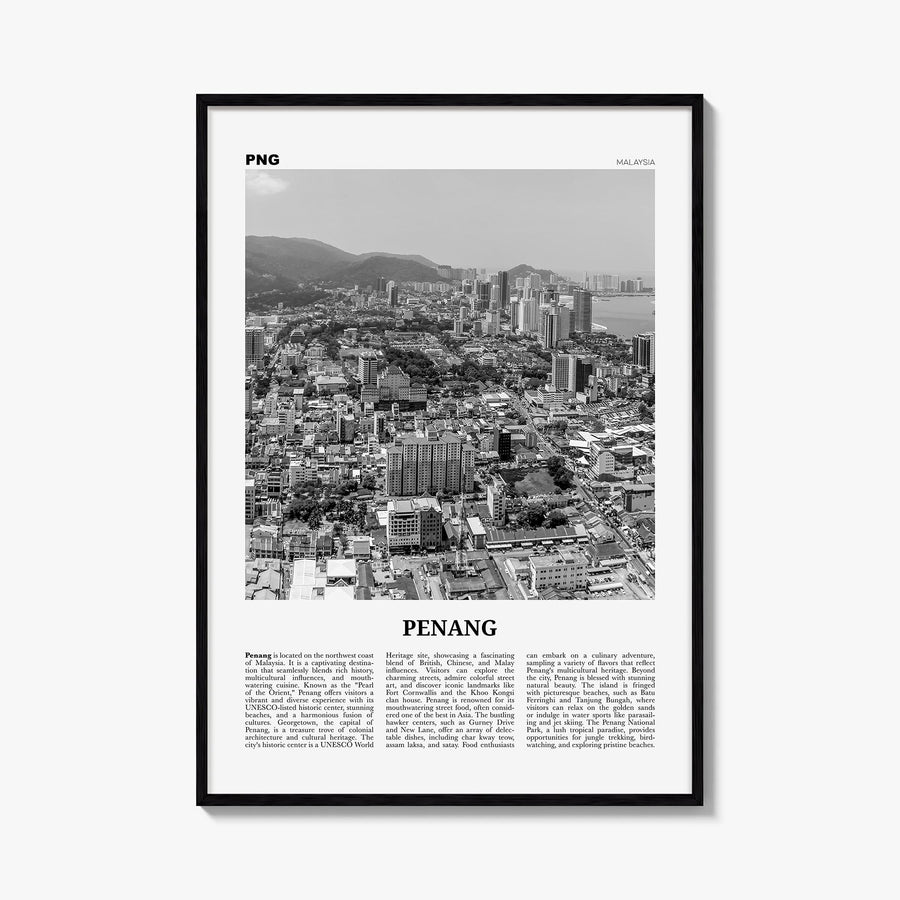 Penang black & white newspaper poster of Malaysia – vertical wall art, unframed print shown in interior mockup