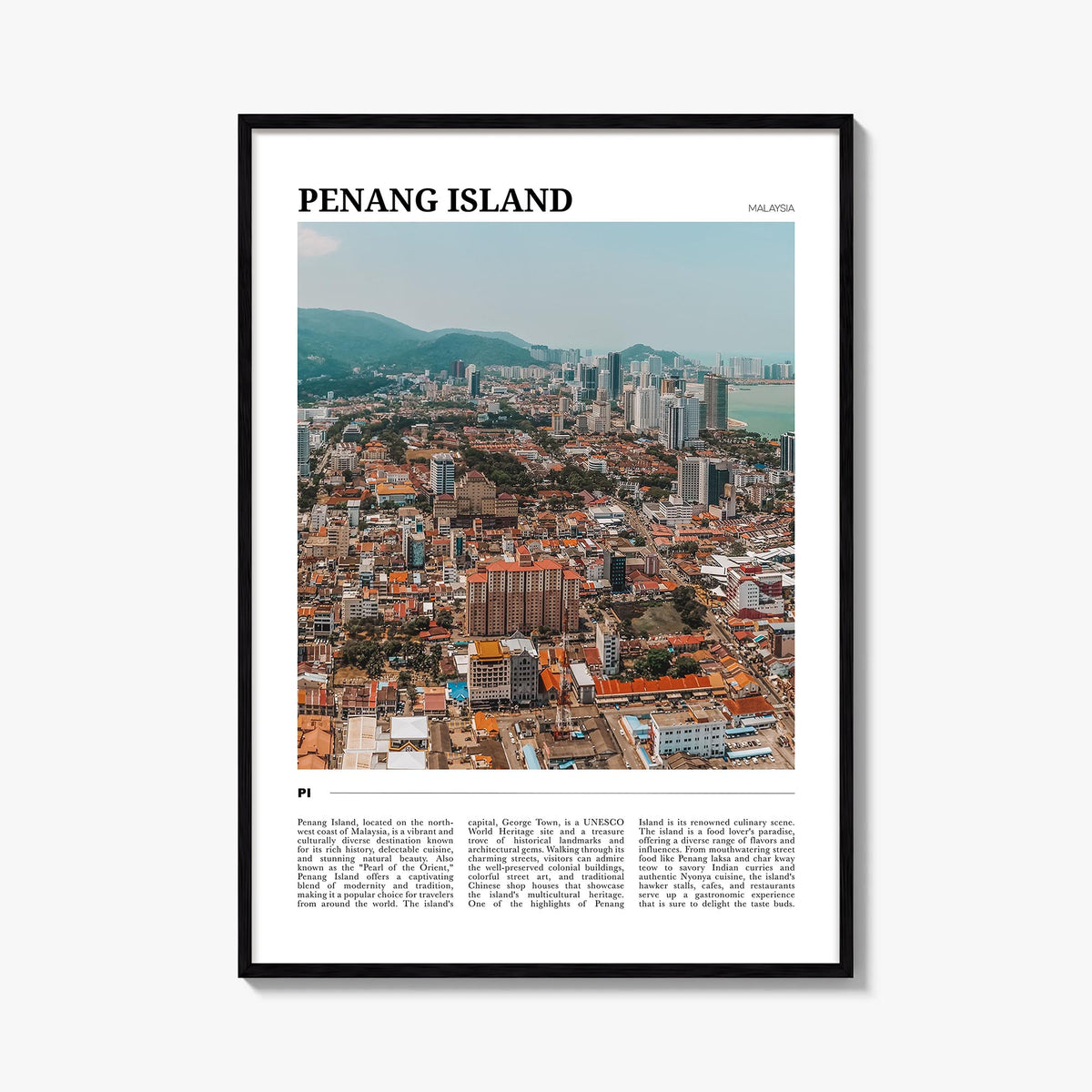 Penang Island colorful travel poster of Malaysia – vertical wall art, unframed print shown in interior mockup