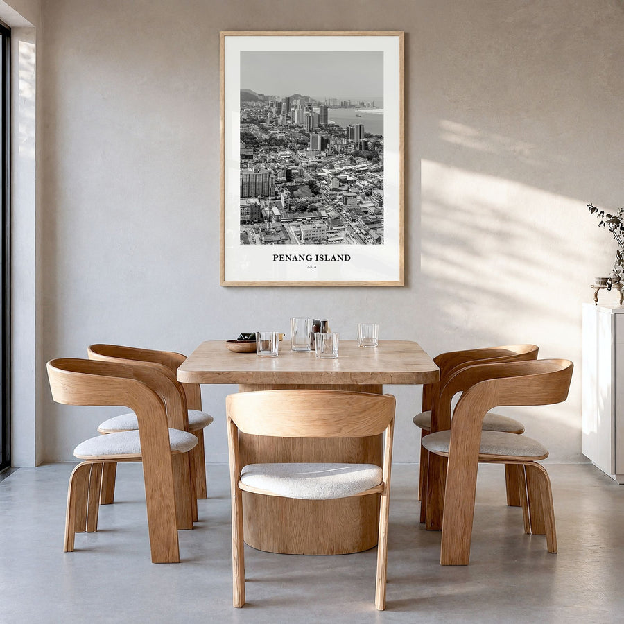 Penang Island Classic Poster in a natural wood frame, hanging in a dining room