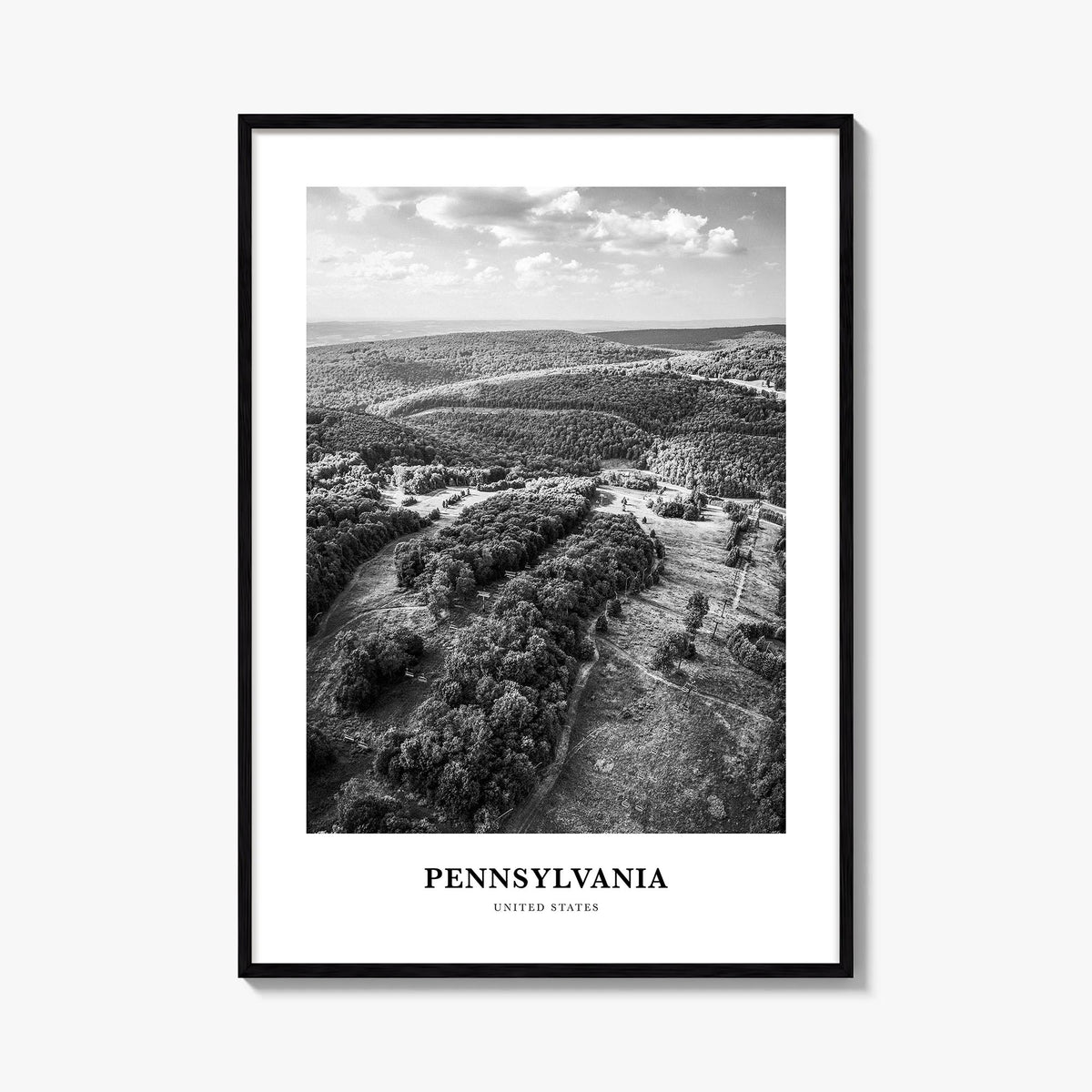 Pennsylvania black & white classic poster of United States – vertical wall art, unframed print shown in interior mockup