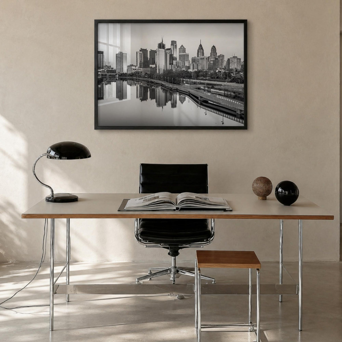 Pennsylvania black & white photo poster of United States – horizontal wall art in black wood frame, hanging on wall