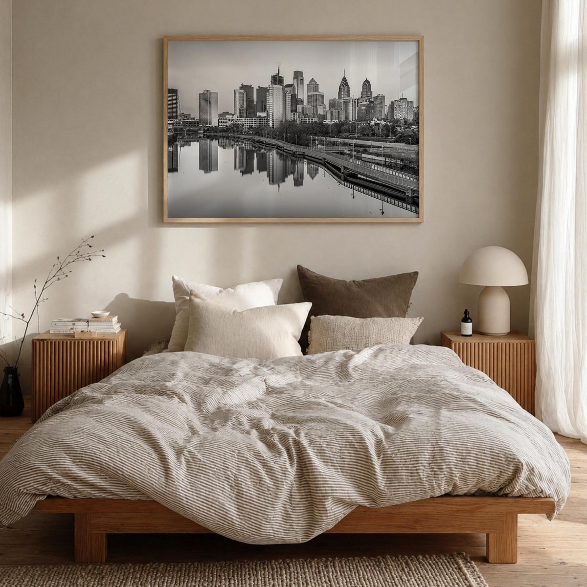 Pennsylvania black & white photo poster of United States – horizontal wall art in natural wood frame, hanging on wall