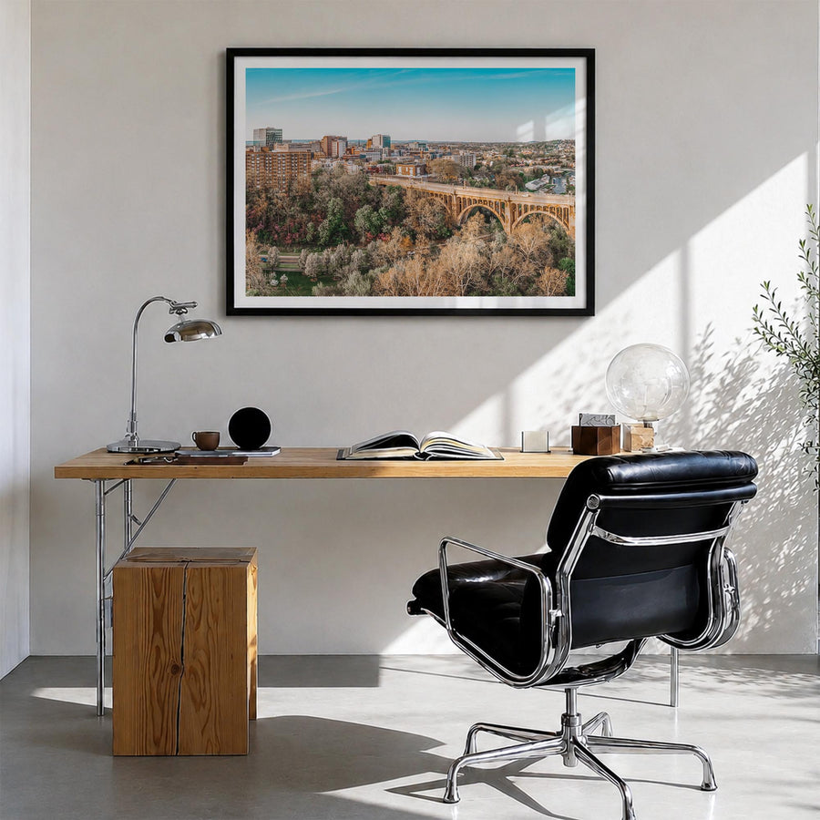 Pennsylvania colorful photo poster of United States – horizontal wall art in black wood frame with white border, hanging on w