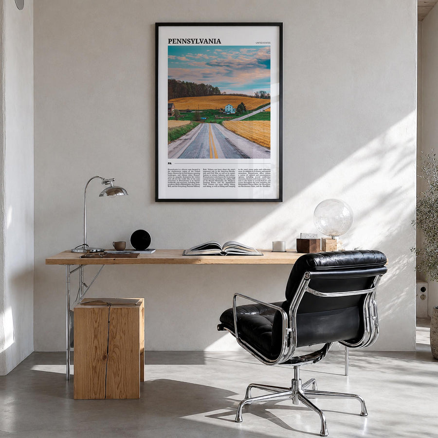 Pennsylvania colorful travel poster of United States – vertical wall art in black wood frame, hanging on wall