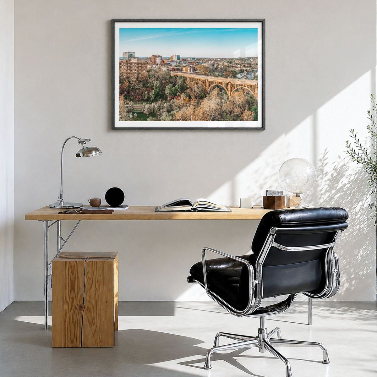 Pennsylvania Photo Poster in a black wood frame, hanging in a bright home office, white border