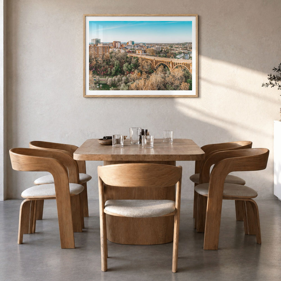 Pennsylvania Photo Poster in a natural wood frame, hanging in a dining room, white border
