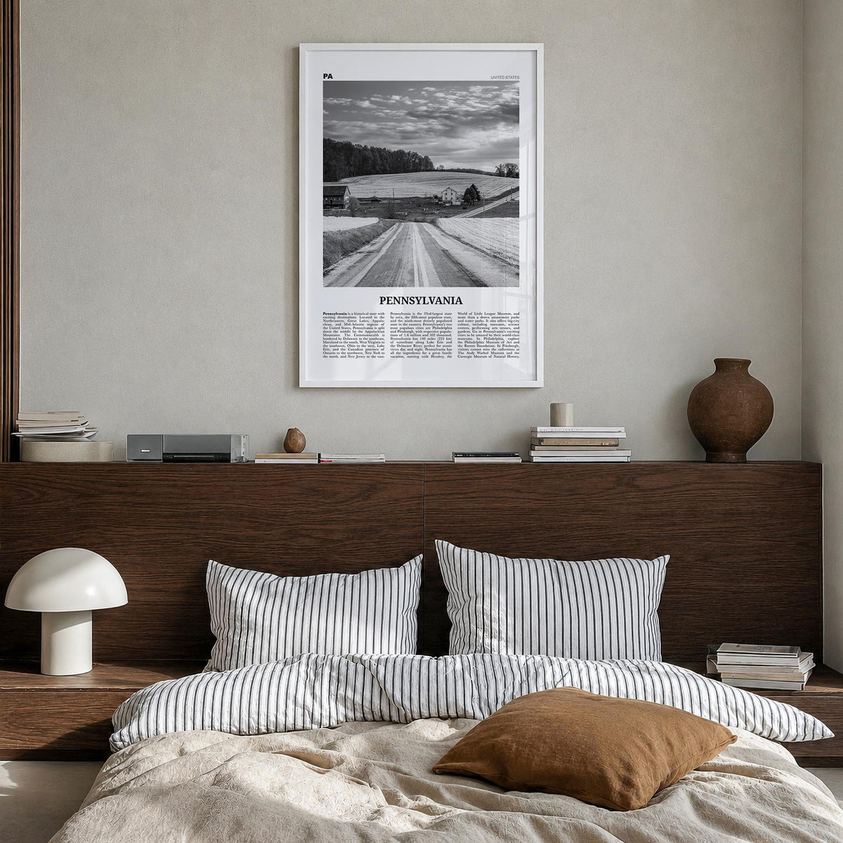 Pennsylvania no. 1 black & white newspaper poster of United States – vertical wall art in white wood frame, hanging on wall