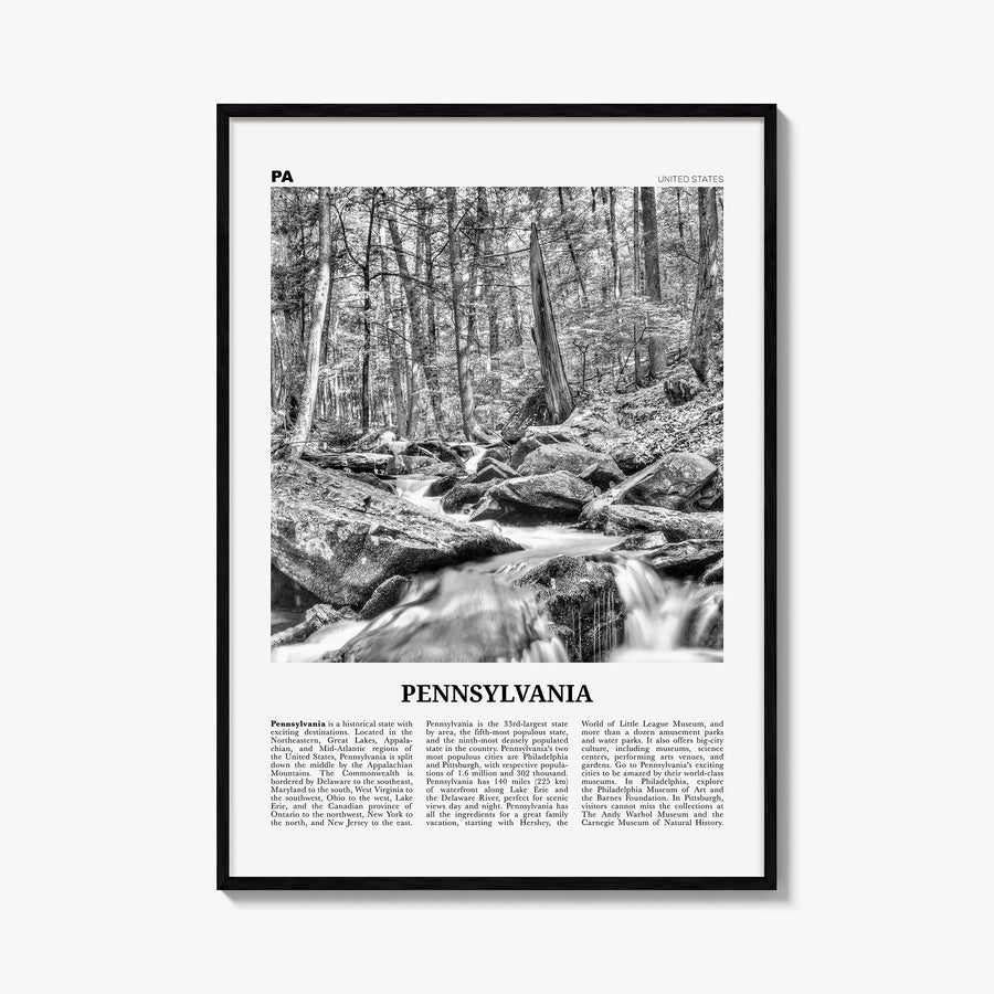 Pennsylvania no. 3 black & white newspaper poster of United States – vertical wall art, unframed print shown in interior mock