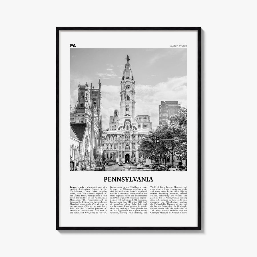 Pennsylvania no. 5 black & white newspaper poster of United States – vertical wall art, unframed print shown in interior mock