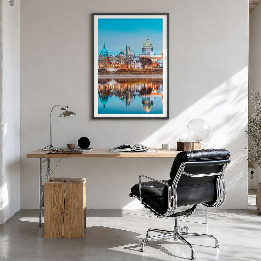 Pennsylvania Photo No 1 Poster in a black wood frame, hanging in a bright home office, white border